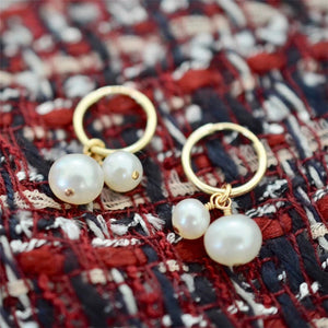Real 14K Double Pearl Hoop Earrings Wedding Jewelry