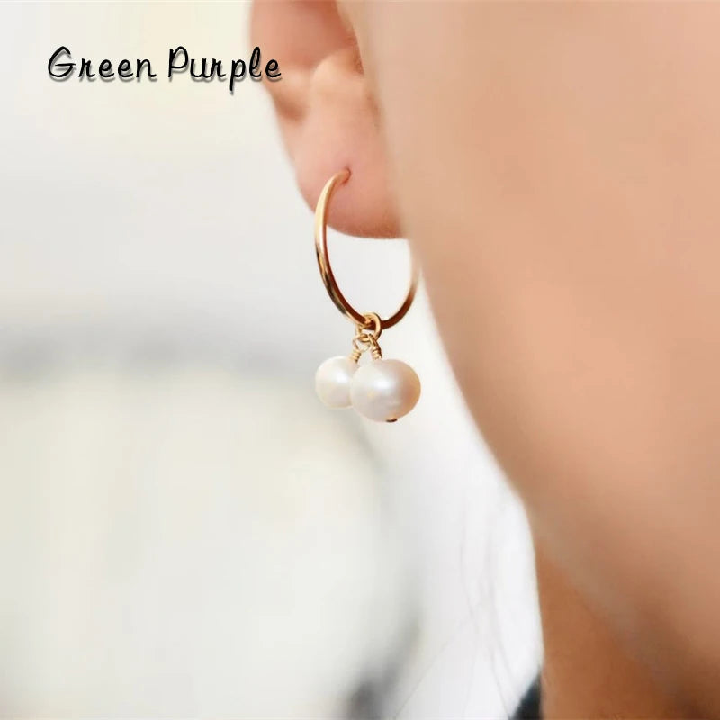 Real 14K Double Pearl Hoop Earrings Wedding Jewelry