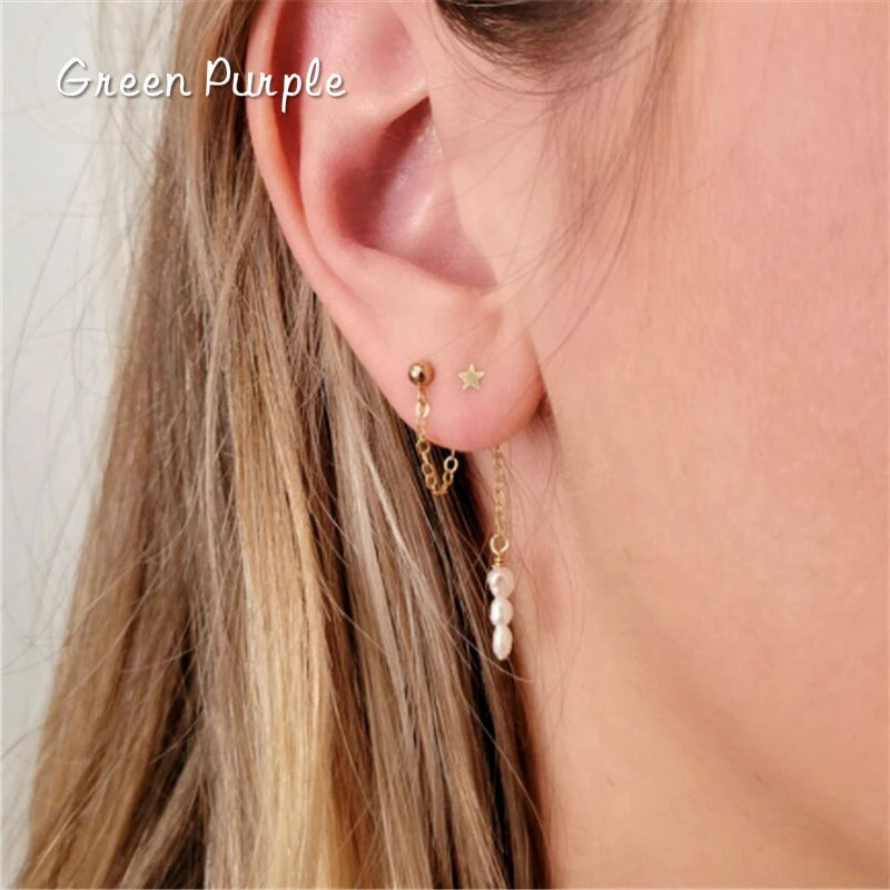 14K Filled Star Stud Earrings Natural Pearls Drop Earrings Vintage Jewelry