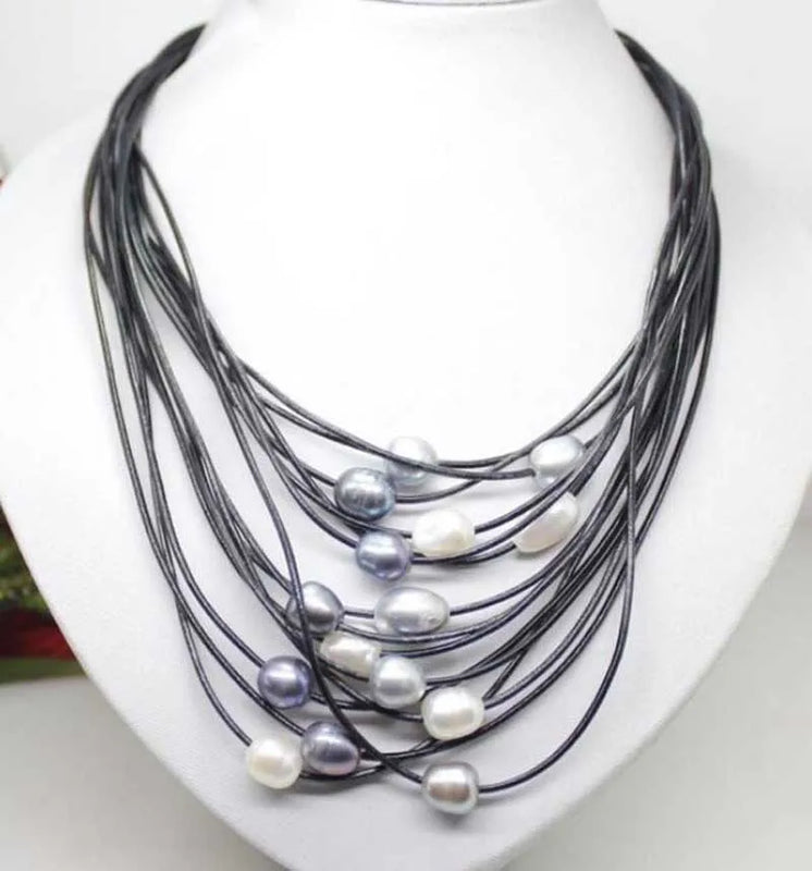 Gray Freshwater Pearl Pendant Necklace Leather Cord Magnet Clasp Jewelry