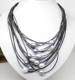 Gray Freshwater Pearl Pendant Necklace Leather Cord Magnet Clasp Jewelry