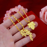 18K 999 Pendant Necklace Chain for Women Party Leaf Fine Jewelry Gift