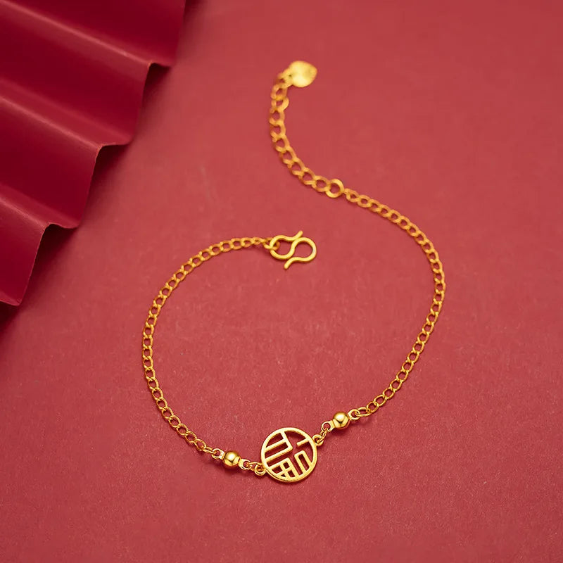 Real 18K Chain Bracelet for Women Pure Adjustable Fu Pendants Chain