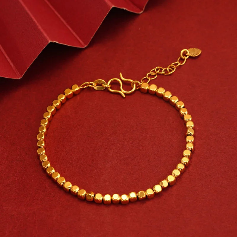 18K Chain Bracelet for Women Pure Adjustable Laser Beads Chain Fine Jewelry
