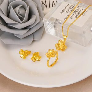 18K Necklace Set Bride Pure 999 Plated Earring Rings Chain Wedding