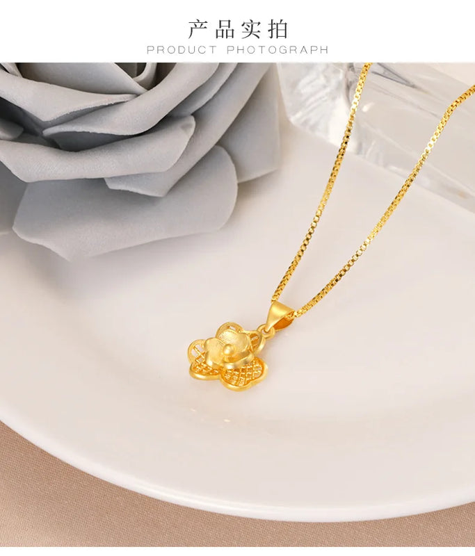 18K Necklace Set Bride Pure 999 Plated Earring Rings Chain Wedding