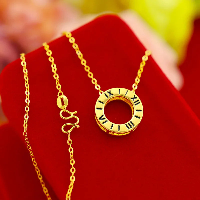 Real 18K Pendant Necklace Round Leaf Solid 999 Chain Fine Jewelry
