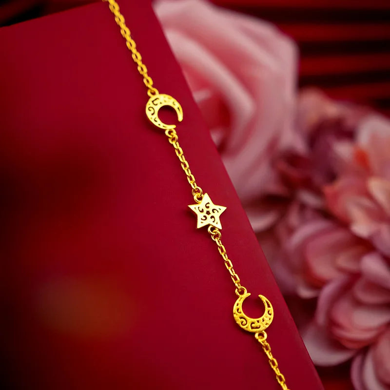 18K Twisted Chain Bracelet Pure Adjustable Star Moon Chain
