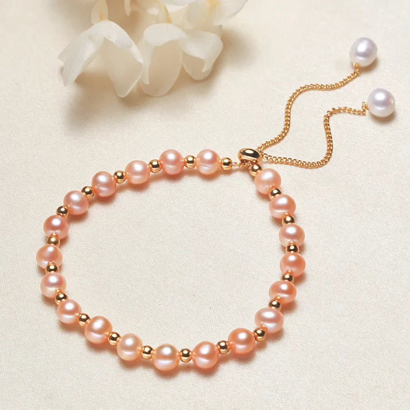 Real 18K Pink Pearl Bracelet with Adjustable Chain