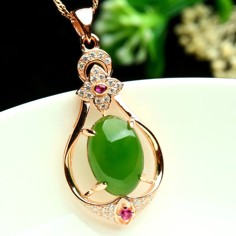 18K Rose Jade Necklace Pendant for Women Brincos 18k Jewelry Bijoux Femme