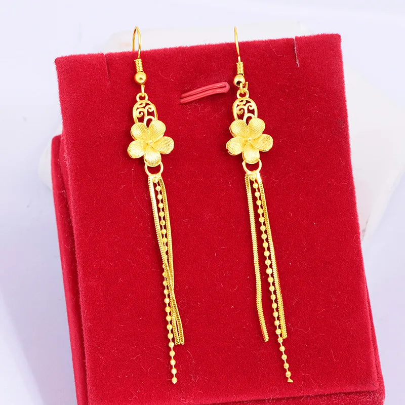 18K Yellow Tassels Flower Drop Earrings Romantic Wedding Jewelry Gift