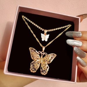 Real 18k Double Layer Hollow Butterfly Pendant Necklace for Women Men