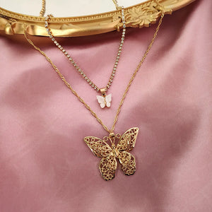 Real 18k Double Layer Hollow Butterfly Pendant Necklace for Women Men