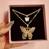 Real 18k Double Layer Hollow Butterfly Pendant Necklace for Women Men