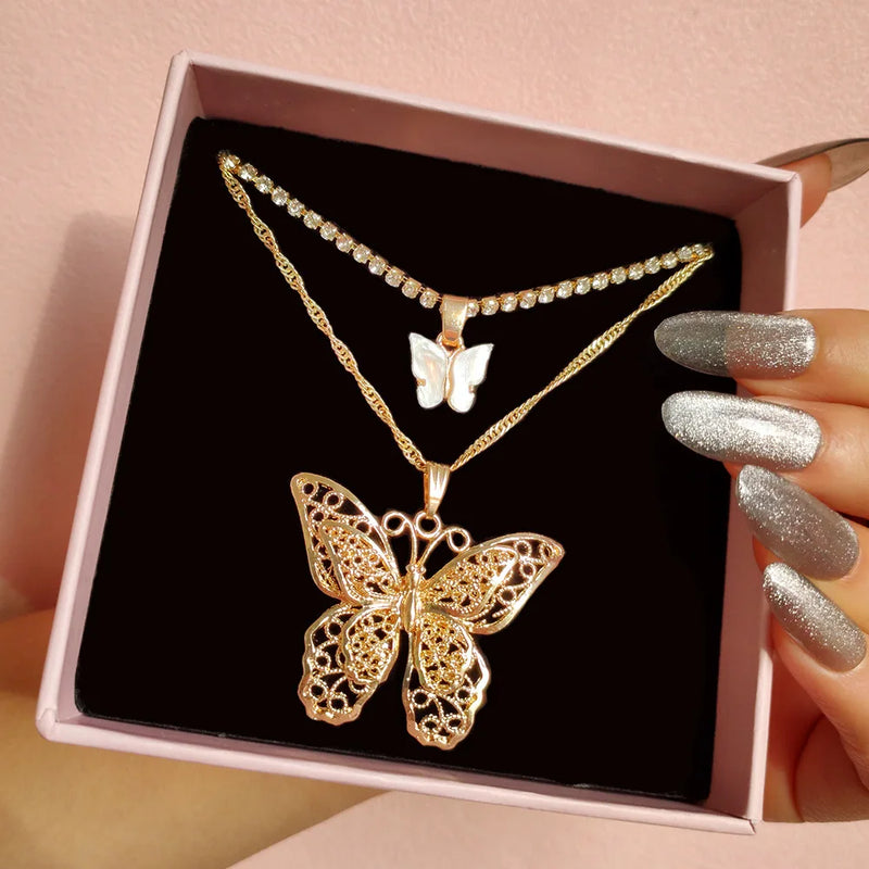 Real 18k Double Layer Hollow Butterfly Pendant Necklace for Women Men
