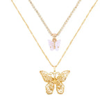 Real 18k Double Layer Hollow Butterfly Pendant Necklace for Women Men