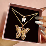 Real 18k Double Layer Hollow Butterfly Pendant Necklace for Women Men