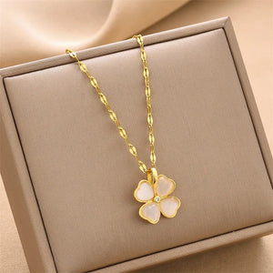18k Clover Necklace Cat's Eye Petal Chain for Women