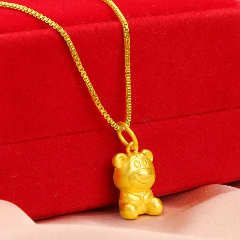 Real 24K Bear Necklace for Women Men Pure 999 Link Chain Fine Jewelry