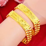 24K Dragon Phoenix Flower Bracelet Women Men Pure 999 Golden Plated Bangle
