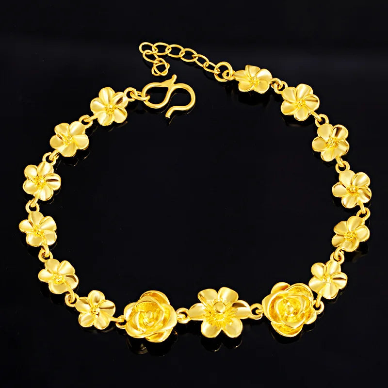 24K Golden Flower Bracelet for Women Chain Pure 999 Golden Plated Bangle
