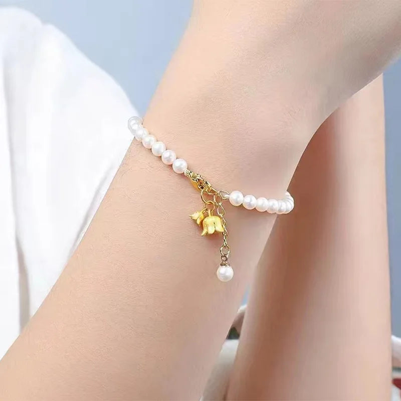 24K Lily of The Valley Pendant Necklace and Bracelet Set for Women