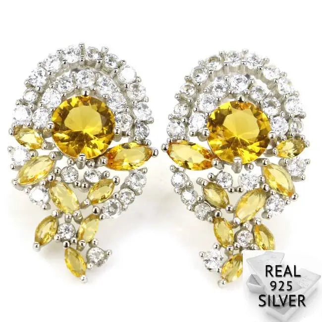 925 Silver Golden Citrine CZ Wedding Earrings 25x15mm