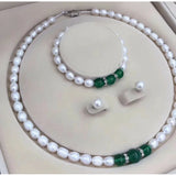 Beige Pearl/Green Emerald Necklace + Bracelet Set