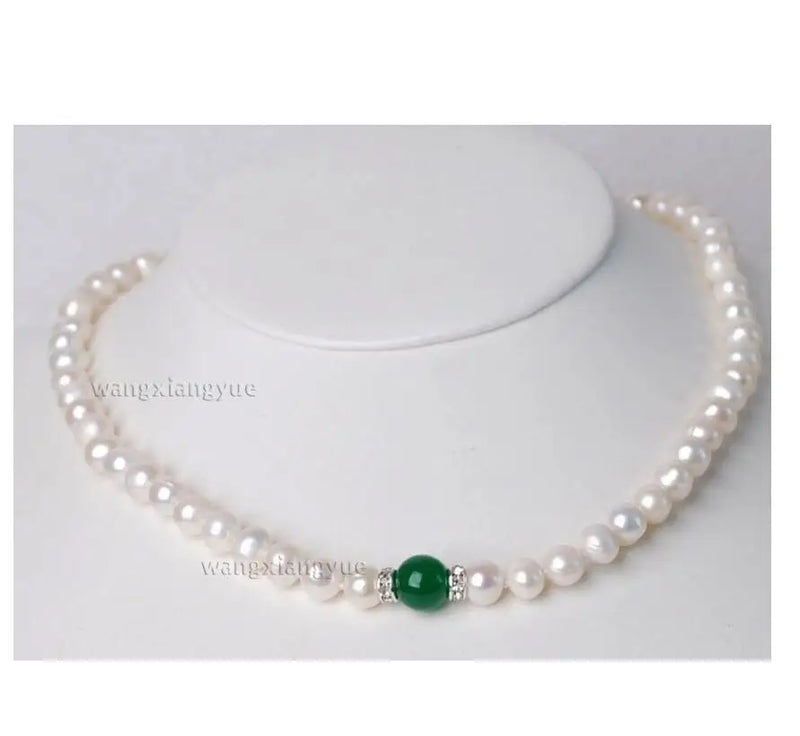 Akoya Pearl & Emerald Beads Necklace 18"