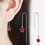 925 Sterling Silver Red Star Threader Earrings Long Tassels