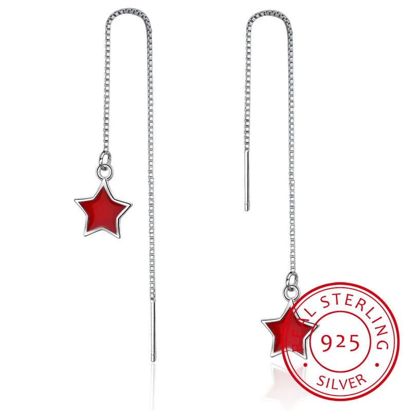 925 Sterling Silver Red Star Threader Earrings Long Tassels
