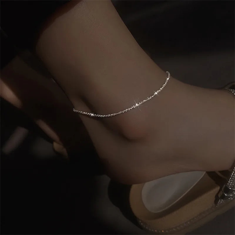 Real 925 Silver Anklet Minimalism Sparkle Silver Jewelry Boho Charms Jewelry