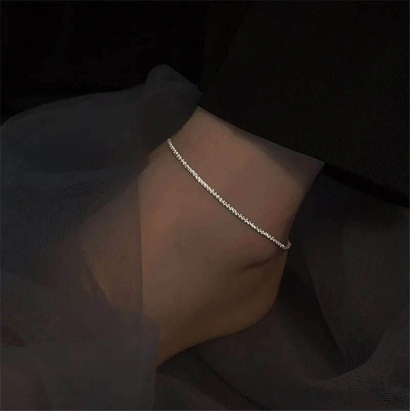 Real 925 Silver Anklet Minimalism Sparkle Silver Jewelry Boho Charms Jewelry
