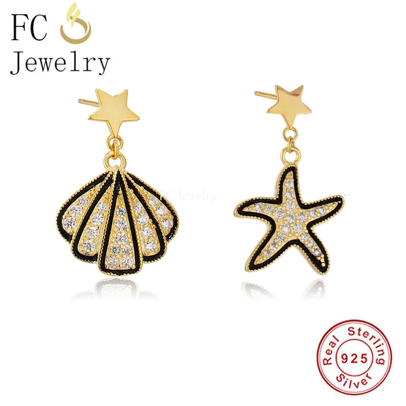 925 Silver Asymmetric Starfish Shell Hoop Earring