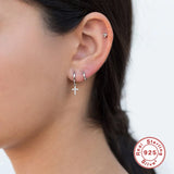 925 Silver Zircon Cross Earrings for Women - Girl Ear Bone Piercing Hoop