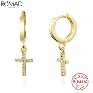 925 Silver Zircon Cross Earrings for Women - Girl Ear Bone Piercing Hoop