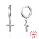 925 Silver Zircon Cross Earrings for Women - Girl Ear Bone Piercing Hoop