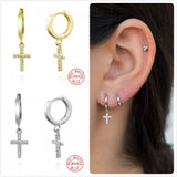 925 Silver Zircon Cross Earrings for Women - Girl Ear Bone Piercing Hoop
