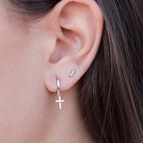 925 Silver Zircon Cross Earrings for Women - Girl Ear Bone Piercing Hoop