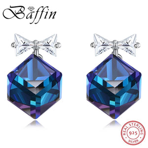 925 Silver Cube Crystal Stud Earrings Zirconia Stone Bowknot Jewelry