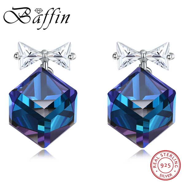 925 Silver Cube Crystal Stud Earrings Zirconia Stone Bowknot Jewelry