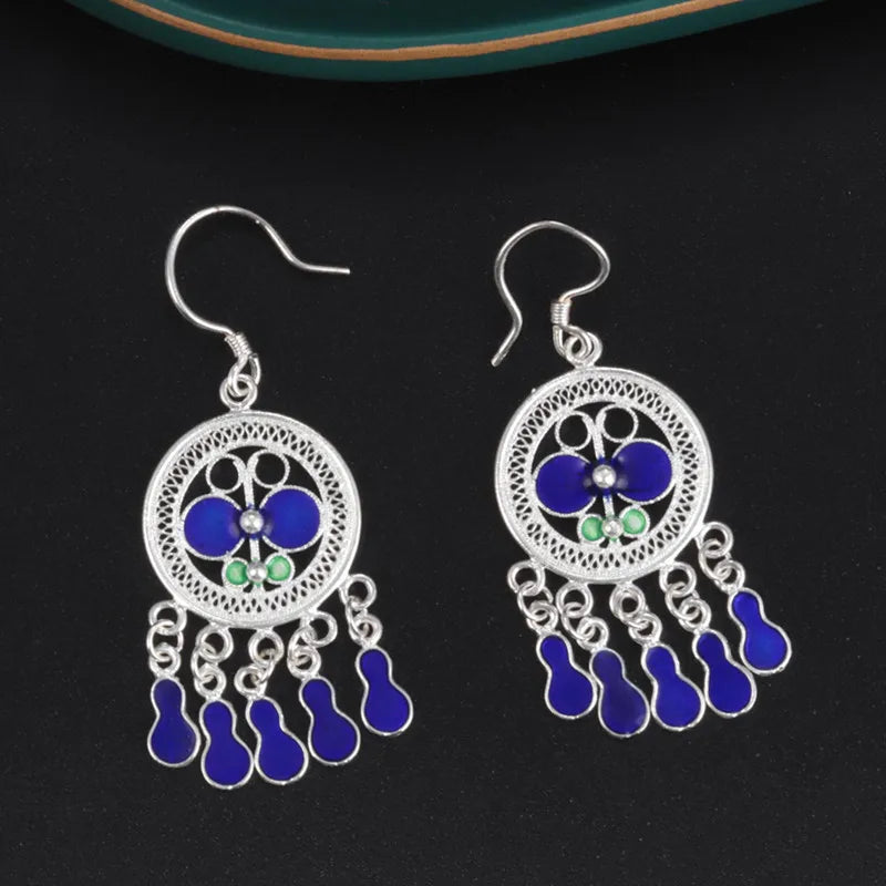 925 Silver Tassel Ethnic Chandelier Drop Earrings EH168