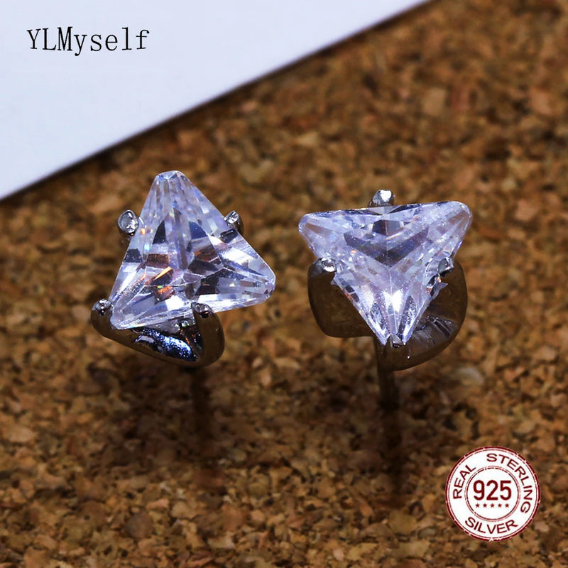 925 Silver Stud Earrings Triangle Zircon Statement Jewelry Gift