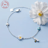 925 Silver Flower & CZ Bee Charm Bracelet for Women