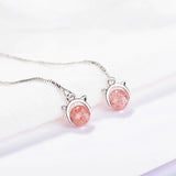 925 Silver Pink Strawberry Crystal Cat Tassel Earrings