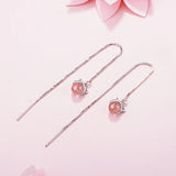 925 Silver Pink Strawberry Crystal Cat Tassel Earrings