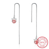 925 Silver Pink Strawberry Crystal Cat Tassel Earrings