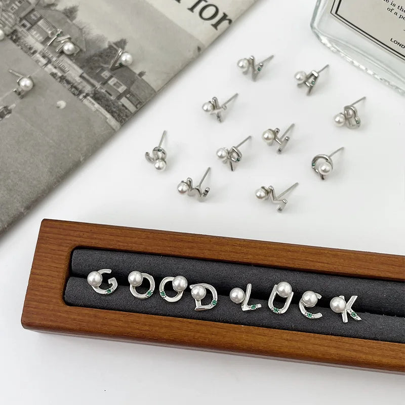 925 Sterling Silver Letter Stud Earrings with Pearls for Women Girls