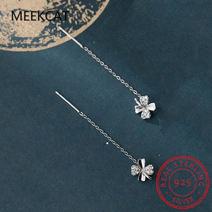 925 Silver Chain Tassel Zircon Clover Drop Earrings Women Party Jewelry