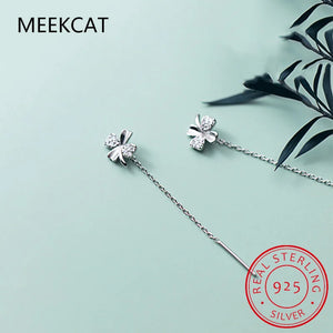 925 Silver Chain Tassel Zircon Clover Drop Earrings Women Party Jewelry